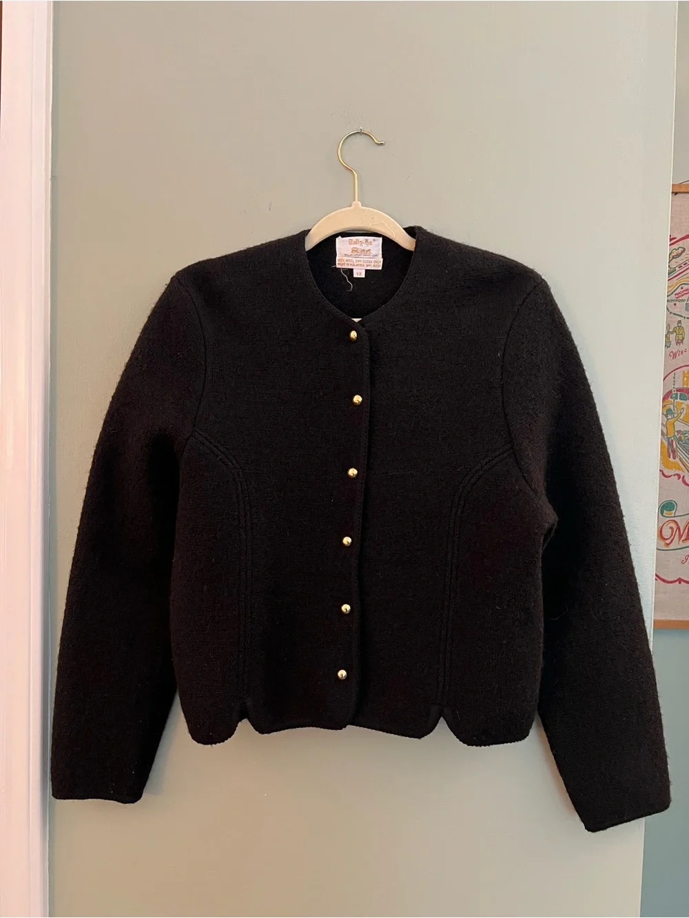 Vintage 1990s Tally Ho Black Cardigan Jacket with Gold Buttons and Scalloped Hem